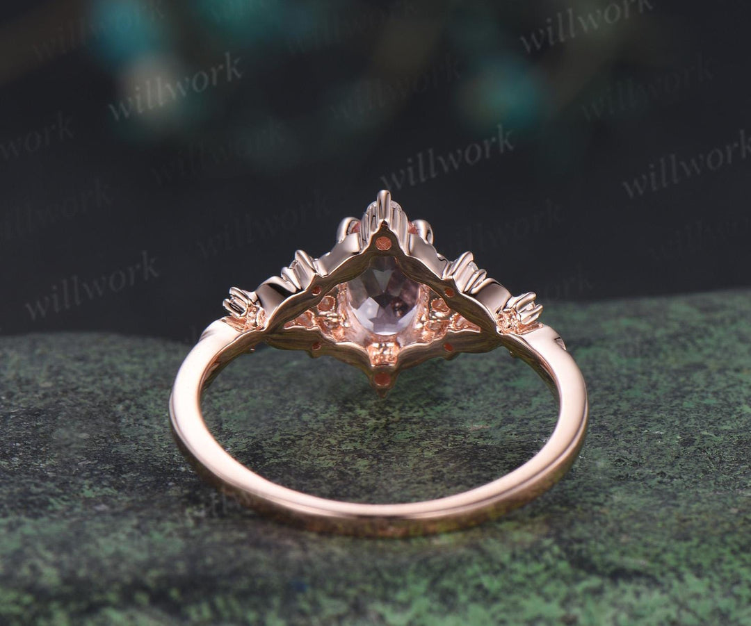 Oval cut pink morganite ring vintage leaf cluster nature inspired engagement ring 14k rose gold unique diamond promise ring women