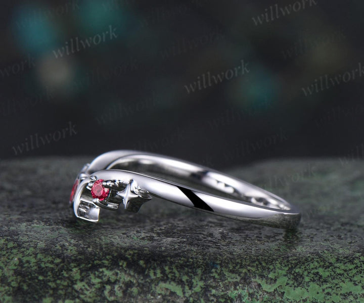 Moon star bezel red ruby curved wedding band solid 14k white gold sun three stone stacking bridal anniversary ring women gift