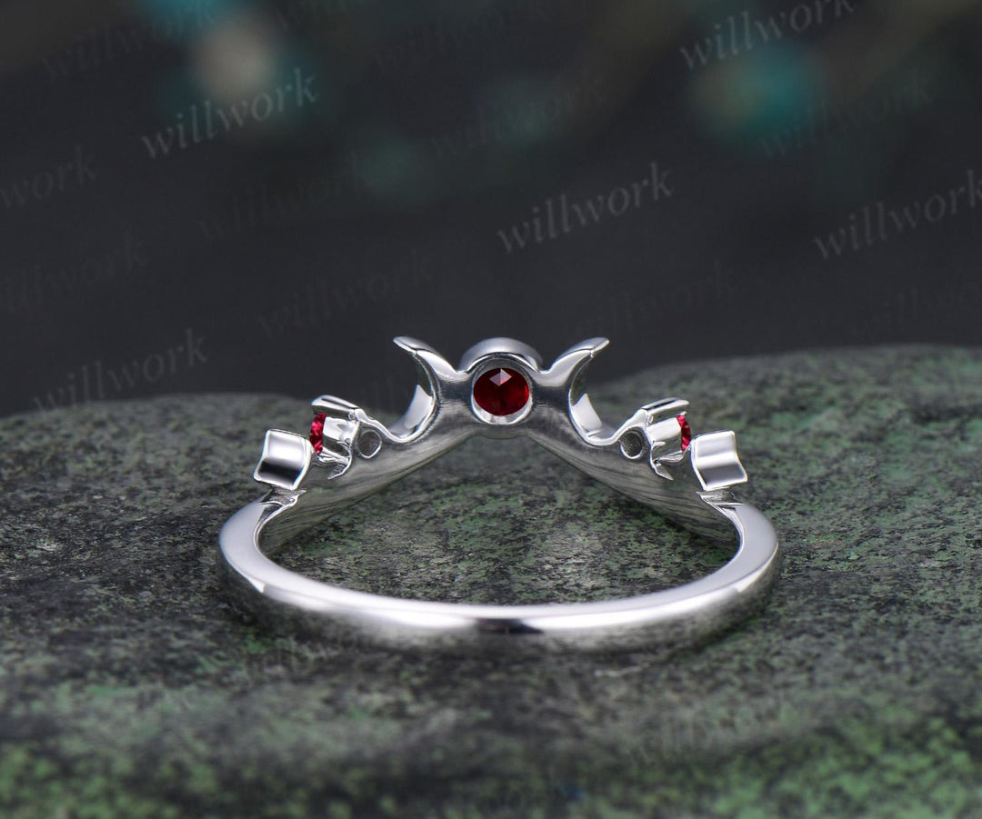 Moon star bezel red ruby curved wedding band solid 14k white gold sun three stone stacking bridal anniversary ring women gift