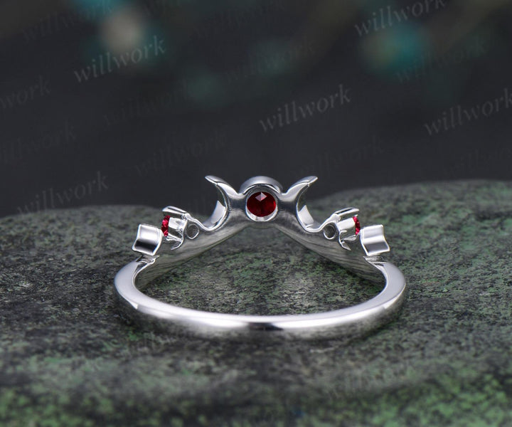 Moon star bezel red ruby curved wedding band solid 14k white gold sun three stone stacking bridal anniversary ring women gift