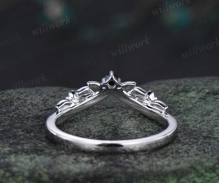 Leaf floral Black diamond curved wedding band solid 14k white gold nature inspired three stone stacking bridal anniversary ring women gift