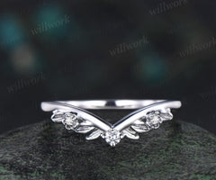 Three stone floral leaf diamond wedding band solid 14k white gold stacking matching bridal anniversary ring gift