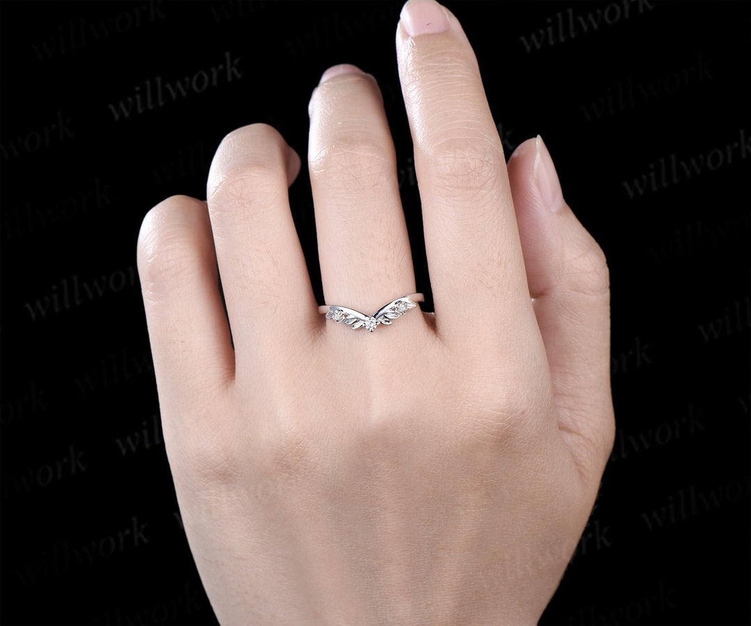 Three stone floral leaf diamond wedding band solid 14k white gold stacking matching bridal anniversary ring gift