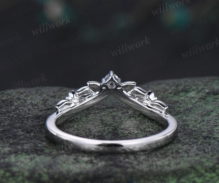 Three stone floral leaf diamond wedding band solid 14k white gold stacking matching bridal anniversary ring gift