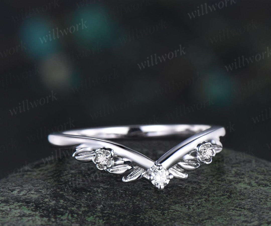Three stone floral leaf diamond wedding band solid 14k white gold stacking matching bridal anniversary ring gift