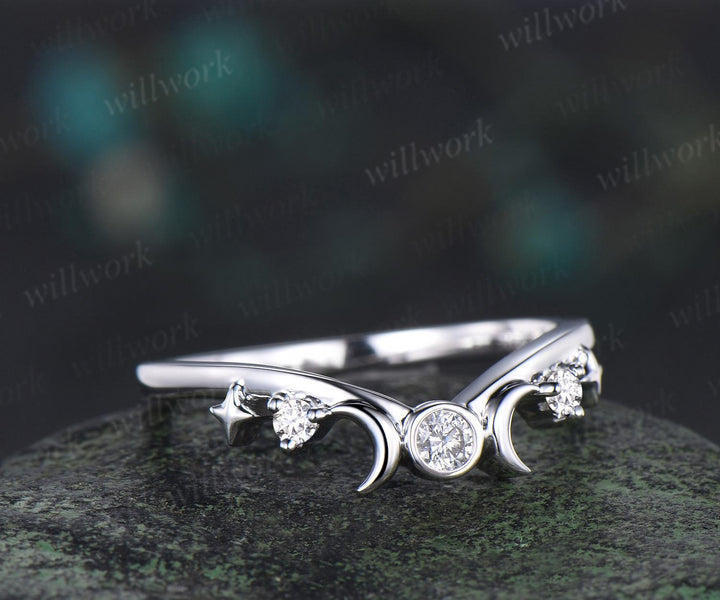 Three stone bezel moon star diamond wedding band solid 14k white gold stacking matching bridal anniversary ring gift for women her