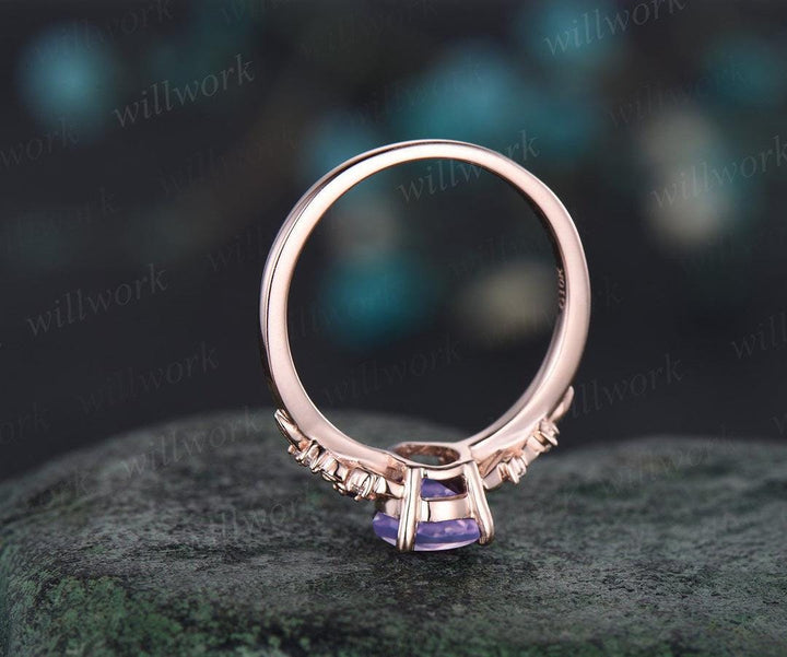 Pear cut Lavender Amethyst ring rose gold leaf floral unique engagement ring set February birthstone ring silver crystal ring