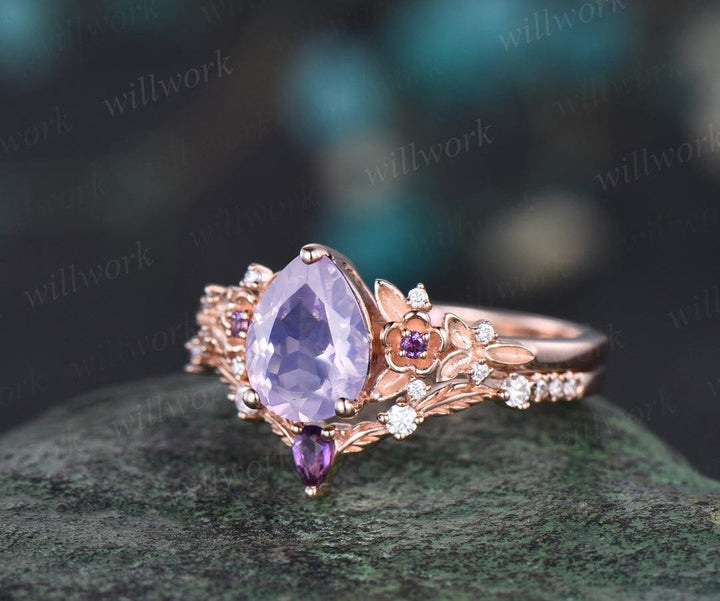 Pear cut Lavender Amethyst ring rose gold leaf floral unique engagement ring set February birthstone ring silver crystal ring