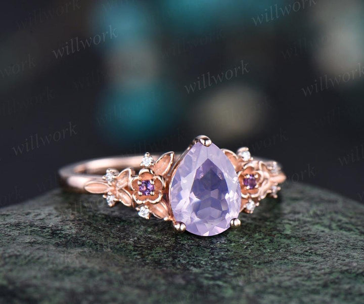Pear cut Lavender Amethyst ring rose gold leaf floral unique engagement ring set February birthstone ring silver crystal ring
