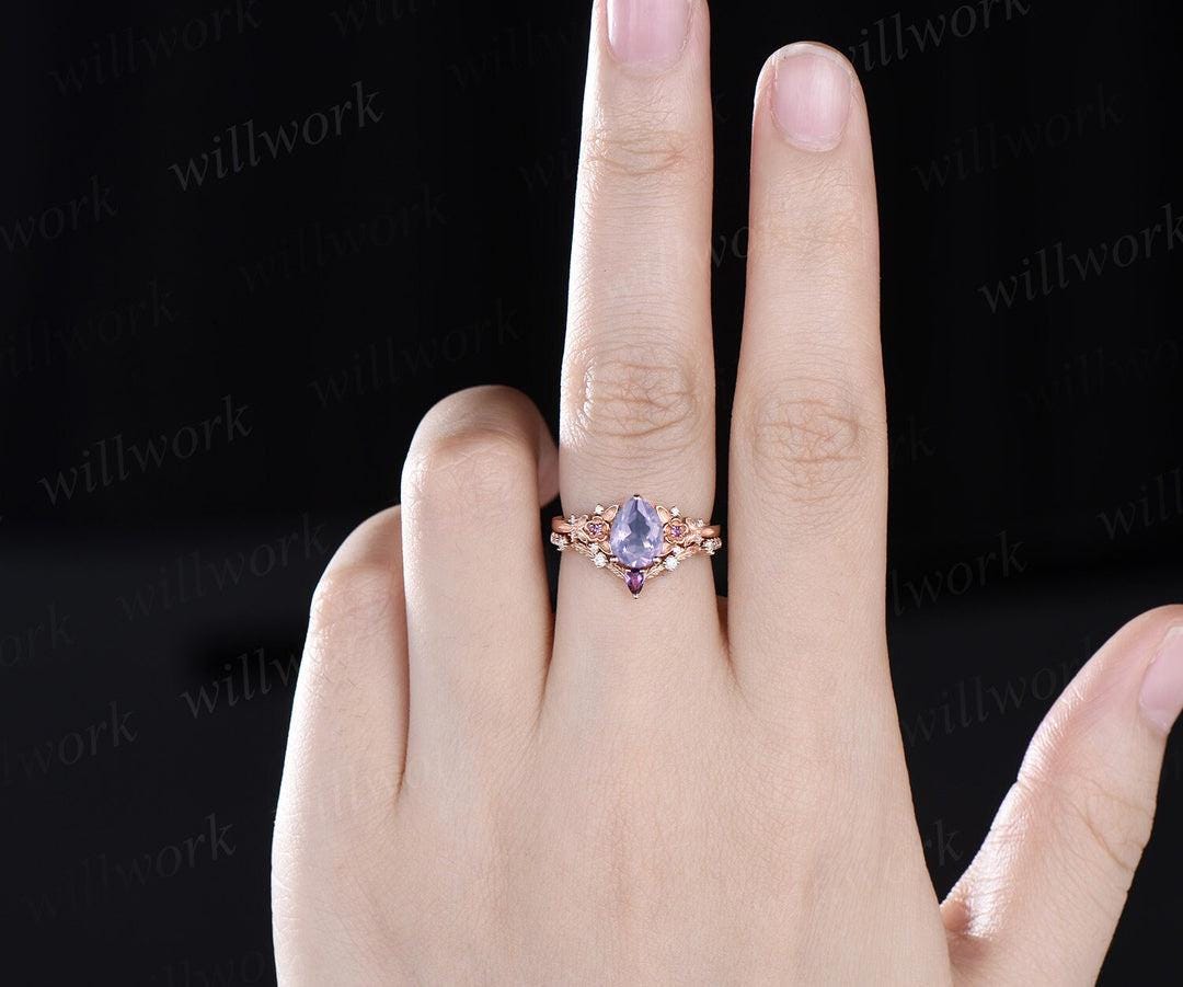Pear cut Lavender Amethyst ring rose gold leaf floral unique engagement ring set February birthstone ring silver crystal ring