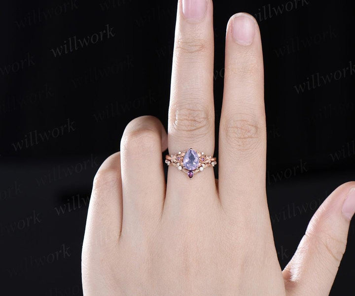 Pear cut Lavender Amethyst ring rose gold leaf floral unique engagement ring set February birthstone ring silver crystal ring