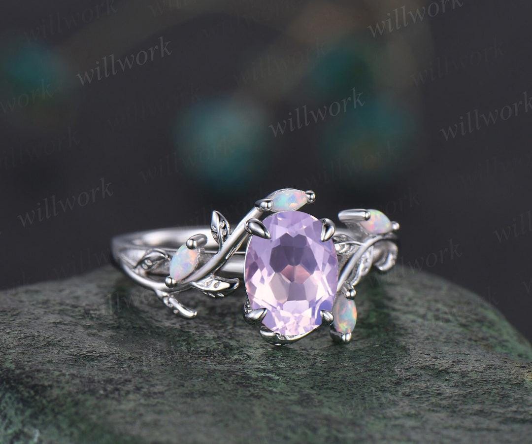 Oval cut Lavender Amethyst ring vintage five stone opal ring rose gold leaf nature inspired engagement ring crystal wedding ring set women