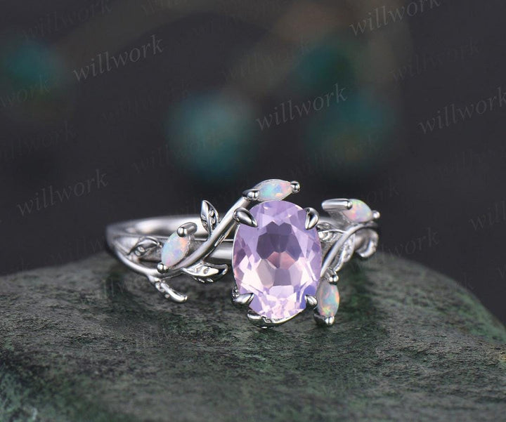 Oval cut Lavender Amethyst ring vintage five stone opal ring rose gold leaf nature inspired engagement ring crystal wedding ring set women