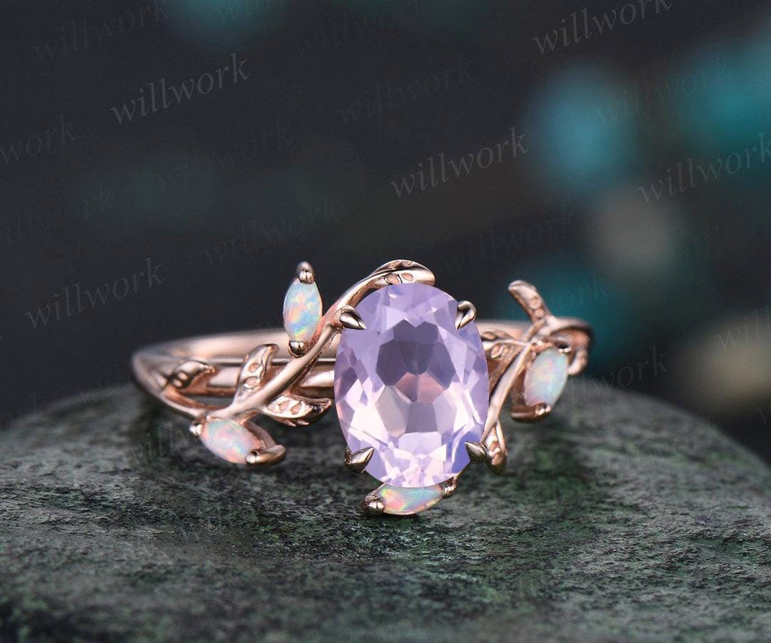 Oval cut Lavender Amethyst ring vintage five stone opal ring rose gold leaf nature inspired engagement ring crystal wedding ring set women
