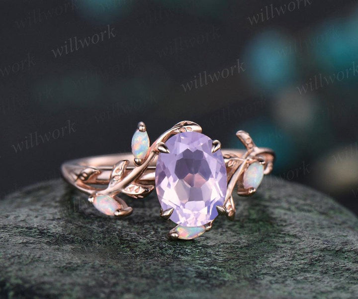Oval cut Lavender Amethyst ring vintage five stone opal ring rose gold leaf nature inspired engagement ring crystal wedding ring set women