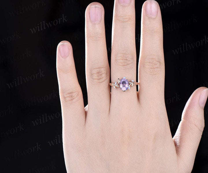 Oval cut Lavender Amethyst ring vintage five stone opal ring rose gold leaf nature inspired engagement ring crystal wedding ring set women