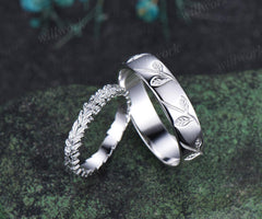 Leaf wedding band mens women full eternity nature inspired wedding ring set 14k white gold couple rings art deco anniversary ring gift