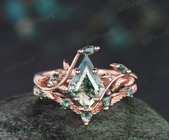 7x10mm kite shaped natural moss agate ring rose gold leaf nature inspired engagement wedding ring set emerald bridal set women