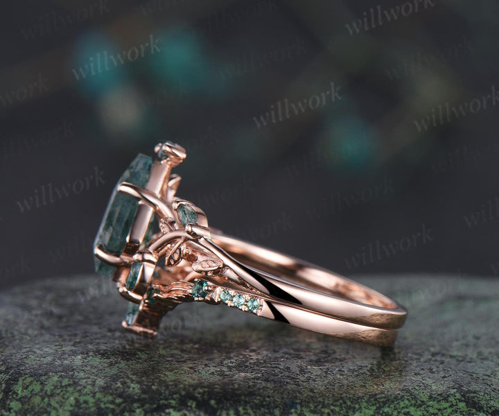7x10mm kite shaped natural moss agate ring rose gold leaf nature inspired engagement wedding ring set emerald bridal set women