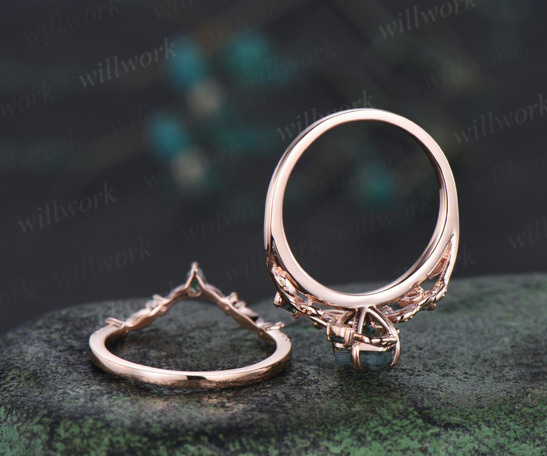 7x10mm kite shaped natural moss agate ring rose gold leaf nature inspired engagement wedding ring set emerald bridal set women