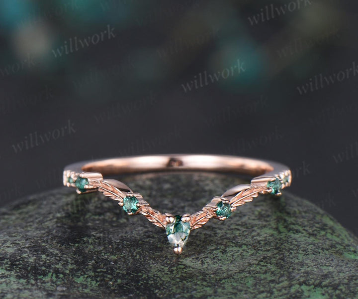Vintage pear moss agate emerald wedding band solid 14k rose gold art deco leaf nature inspired stacking bridal anniversary ring women gift