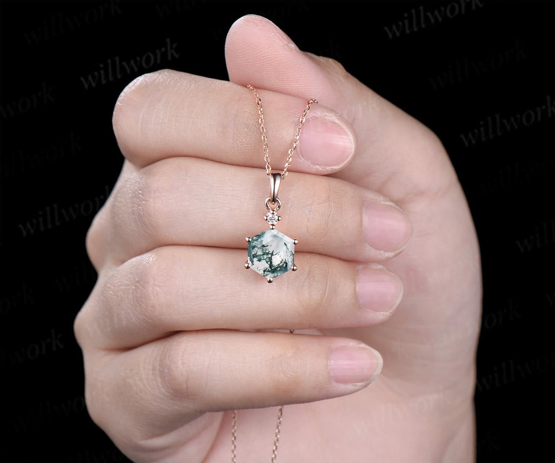 Unique hexagon cut moss agate necklace 14k rose gold two stone diamond pendant women Personalized 6 prong anniversary bridal gift