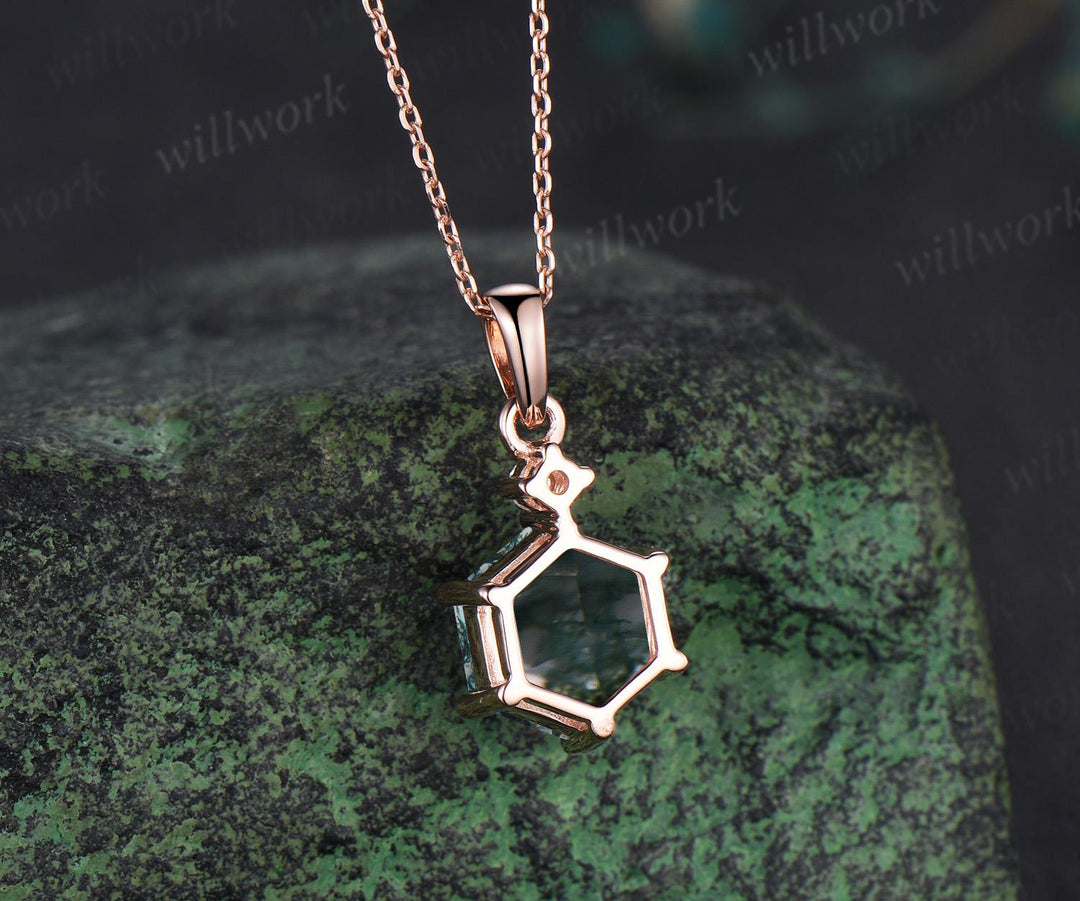 Unique hexagon cut moss agate necklace 14k rose gold two stone diamond pendant women Personalized 6 prong anniversary bridal gift