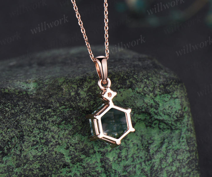 Unique hexagon cut moss agate necklace 14k rose gold two stone diamond pendant women Personalized 6 prong anniversary bridal gift