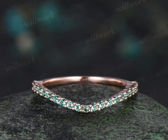 Curved green emerald wedding band 14k rose gold matching stacking bridal wedding ring women