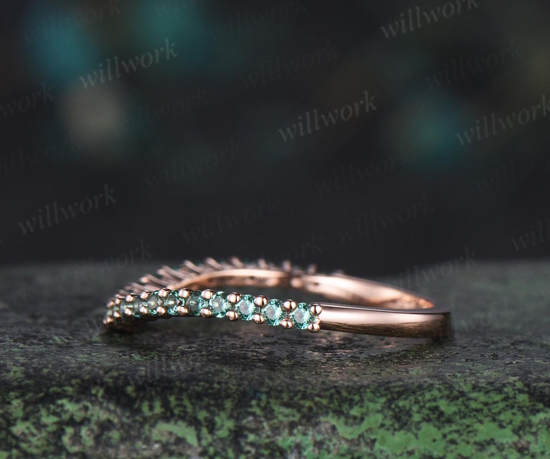 Curved green emerald wedding band 14k rose gold matching stacking bridal wedding ring women