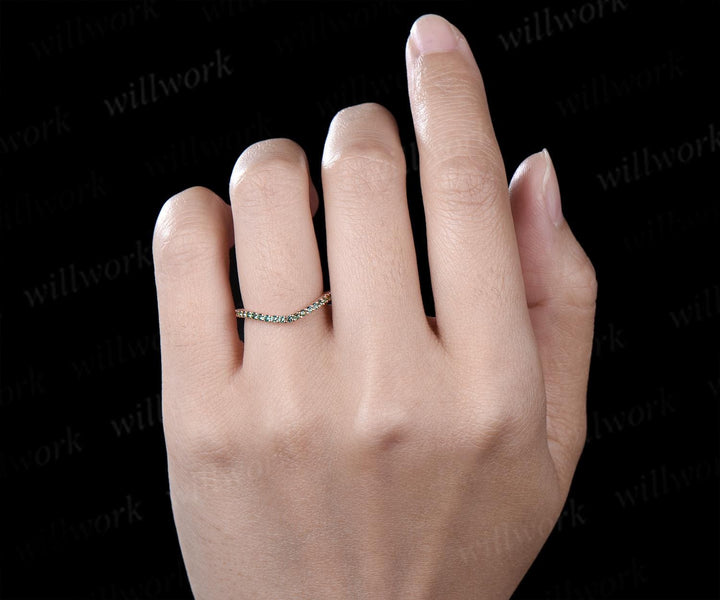 Curved green emerald wedding band 14k rose gold matching stacking bridal wedding ring women