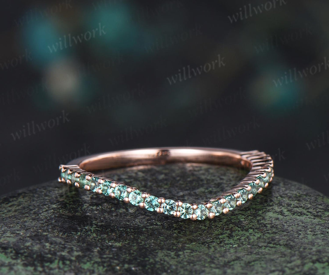 Curved green emerald wedding band 14k rose gold matching stacking bridal wedding ring women