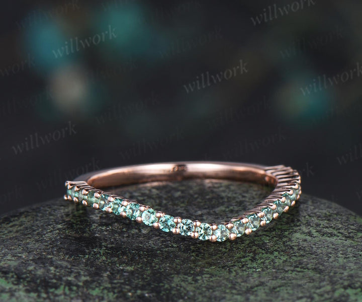 Curved green emerald wedding band 14k rose gold matching stacking bridal wedding ring women
