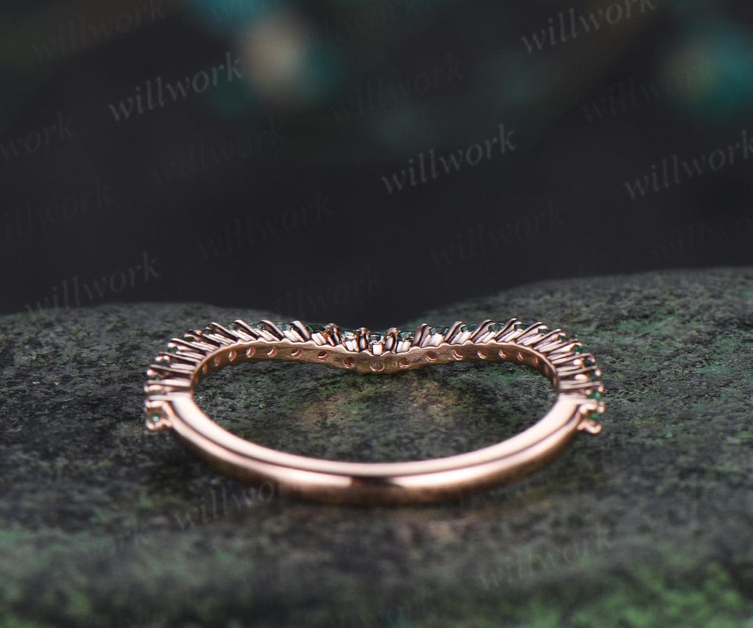 Curved green emerald wedding band 14k rose gold matching stacking bridal wedding ring women