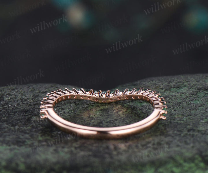 Curved green emerald wedding band 14k rose gold matching stacking bridal wedding ring women