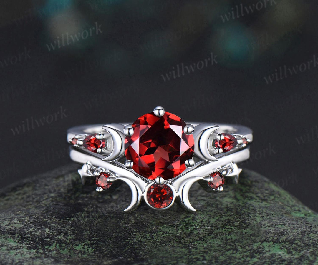 Round cut red garnet ring vintage 14k 18k white gold moon five stone unique engagement ring women bezel sun star wedding ring jewelry