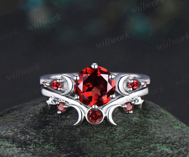 Round cut red garnet ring vintage 14k 18k white gold moon five stone unique engagement ring women bezel sun star wedding ring jewelry