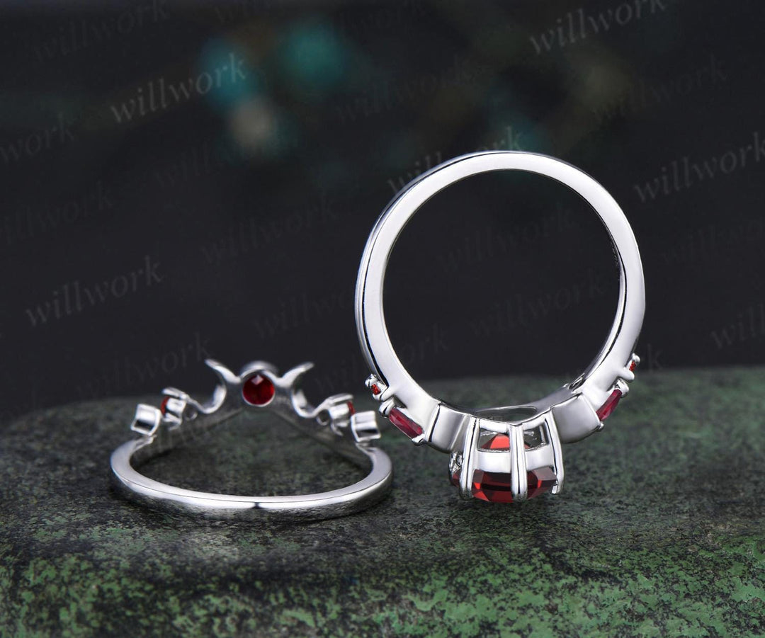 Round cut red garnet ring vintage 14k 18k white gold moon five stone unique engagement ring women bezel sun star wedding ring jewelry