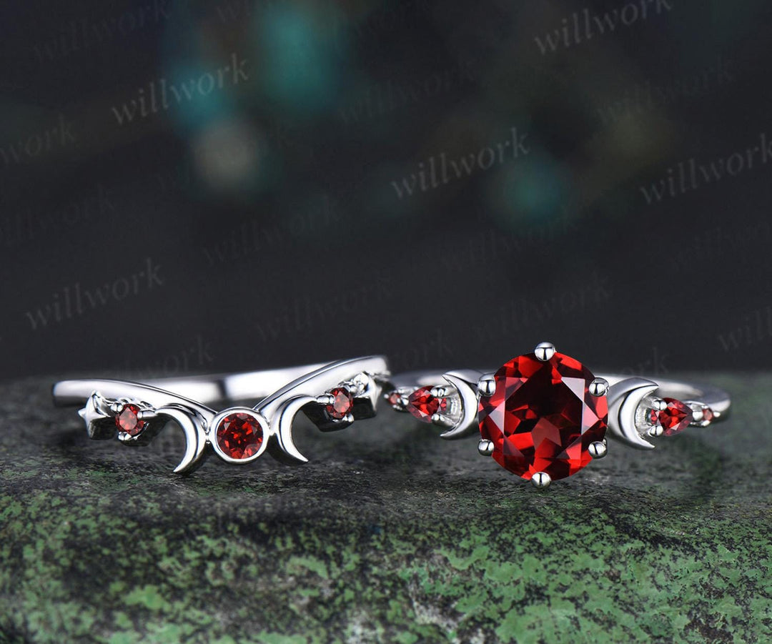 Round cut red garnet ring vintage 14k 18k white gold moon five stone unique engagement ring women bezel sun star wedding ring jewelry