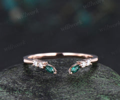 Open gap curved diamond emerald wedding band solid 14k white gold 6 stone ring moissanite stacking ring band women anniversary ring gift