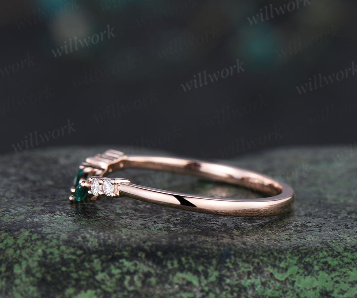 Open gap curved diamond emerald wedding band solid 14k white gold 6 stone ring moissanite stacking ring band women anniversary ring gift