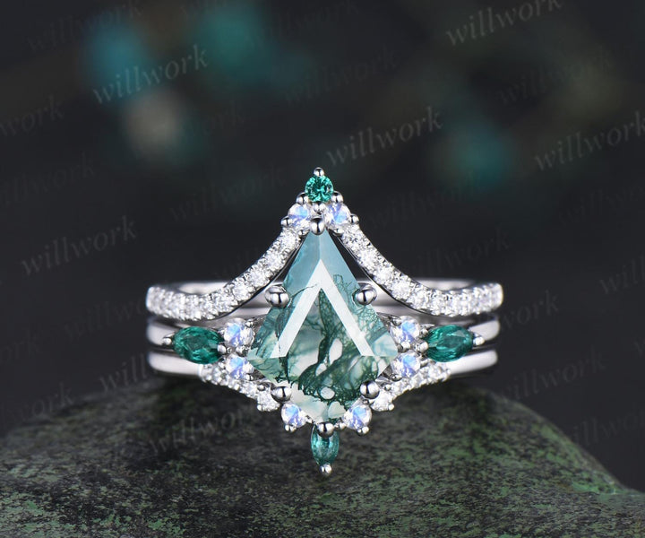 8x11mm kite cut green moss agate engagement ring set moonstone moissanite emerald ring bridal set white gold ring women