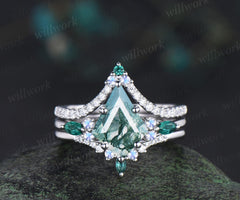 8x11mm kite cut green moss agate engagement ring set moonstone moissanite emerald ring bridal set white gold ring women