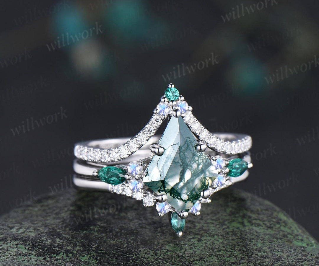 8x11mm kite cut green moss agate engagement ring set moonstone moissanite emerald ring bridal set white gold ring women