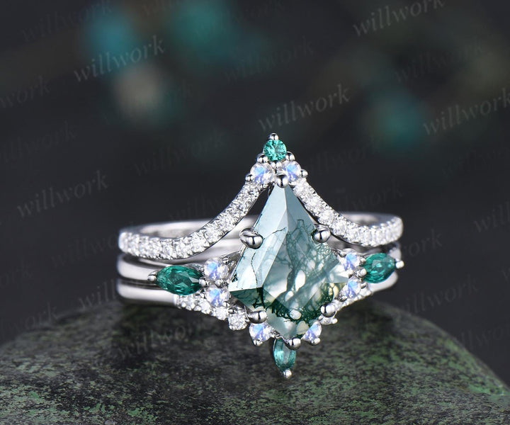 8x11mm kite cut green moss agate engagement ring set moonstone moissanite emerald ring bridal set white gold ring women