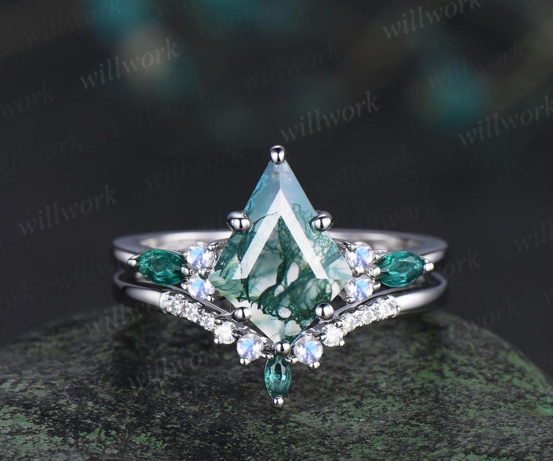 8x11mm kite cut green moss agate engagement ring set moonstone moissanite emerald ring bridal set white gold ring women