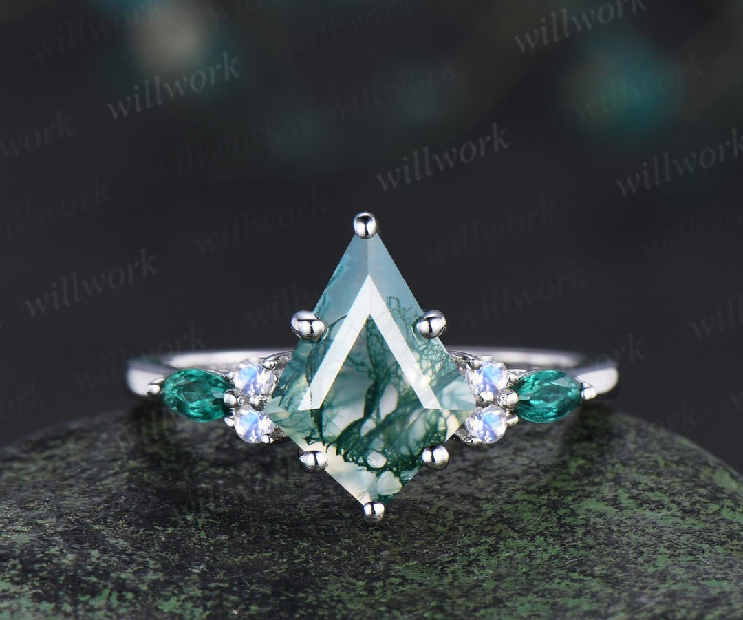 8x11mm kite cut green moss agate engagement ring set moonstone moissanite emerald ring bridal set white gold ring women
