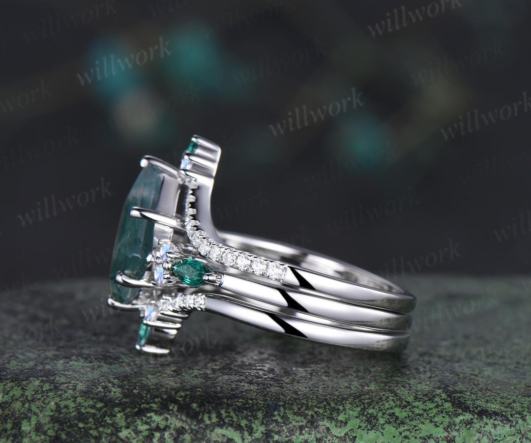 8x11mm kite cut green moss agate engagement ring set moonstone moissanite emerald ring bridal set white gold ring women