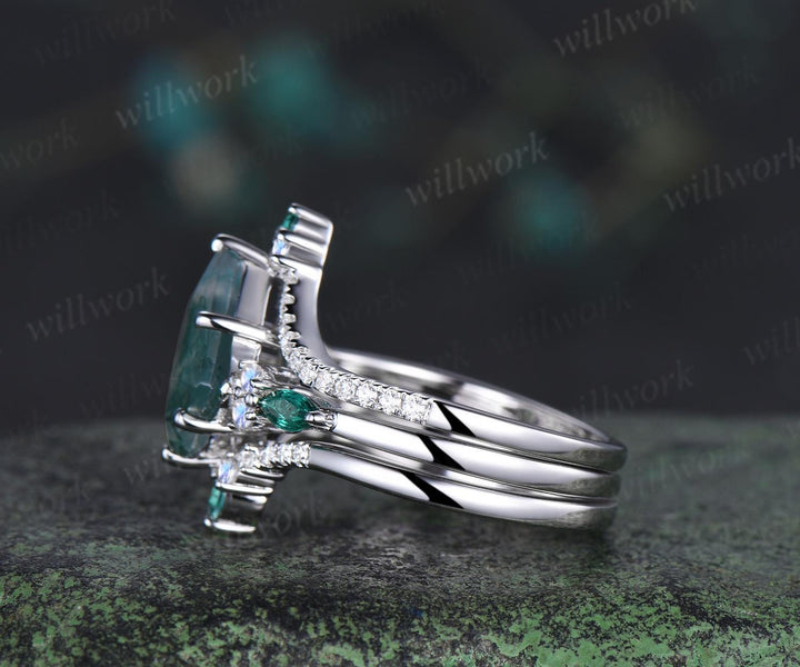 8x11mm kite cut green moss agate engagement ring set moonstone moissanite emerald ring bridal set white gold ring women