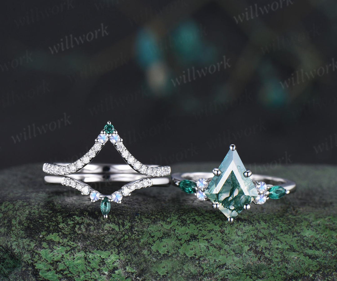 8x11mm kite cut green moss agate engagement ring set moonstone moissanite emerald ring bridal set white gold ring women
